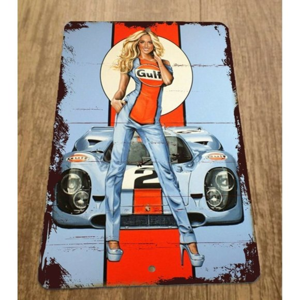Vintage Look Gulf Racing Car Pinup Girl 8x12 Metal Wall Sign